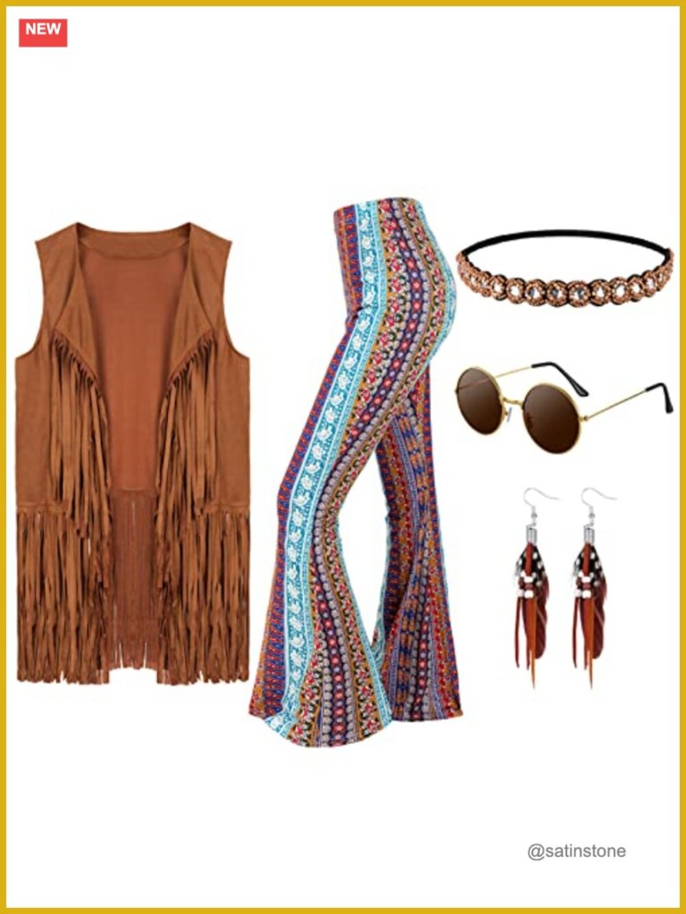 Leumoi 5 Pc 60s 70s Disco Costume Set Faux Suede Fringe Vest Flare Pants